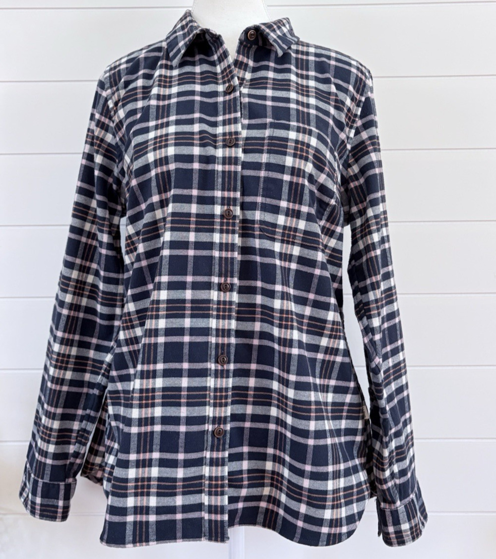 LL Bean Plaid Flannel Button Front Shirt Navy Blue Pink Cream Cabin Heritage